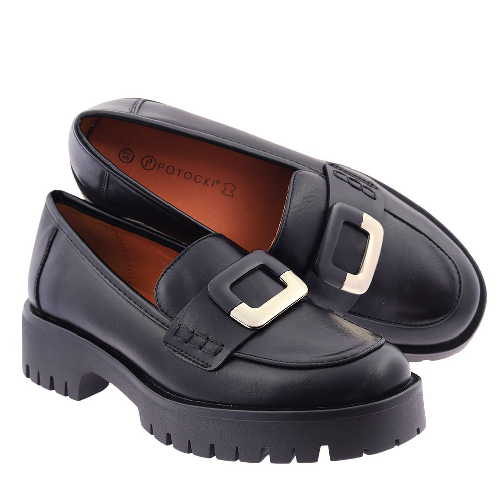 Mokasyny czarne wsuwane z klamerką na platformie