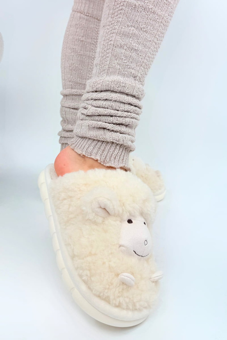 Kapcie damskie ciepłe z motywem owieczki beżowe