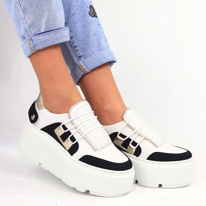 Чорно-білі шкіряні кросівки на гумці і товстій платформі Nobo