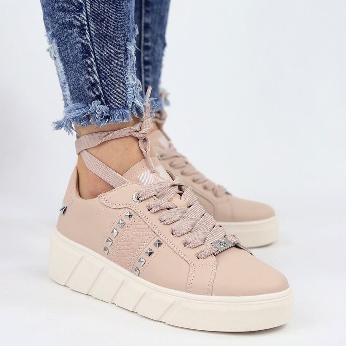 Sneakersy skórzane na platformie różowe Rieker