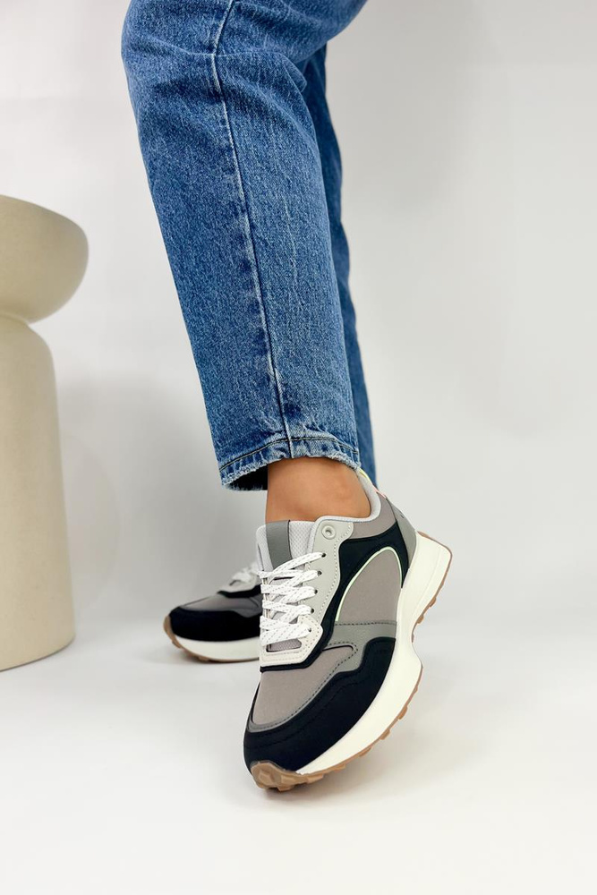 Buty sportowe czarno szare z ekoskóry i materiału sznurowane