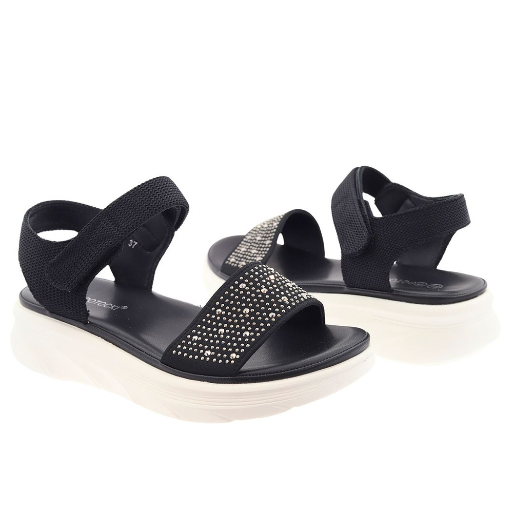 Czarne sandały damskie z cyrkoniami na rzep