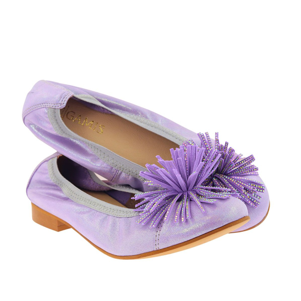 Baleriny skórzane fioletowe z pomponem Gamis