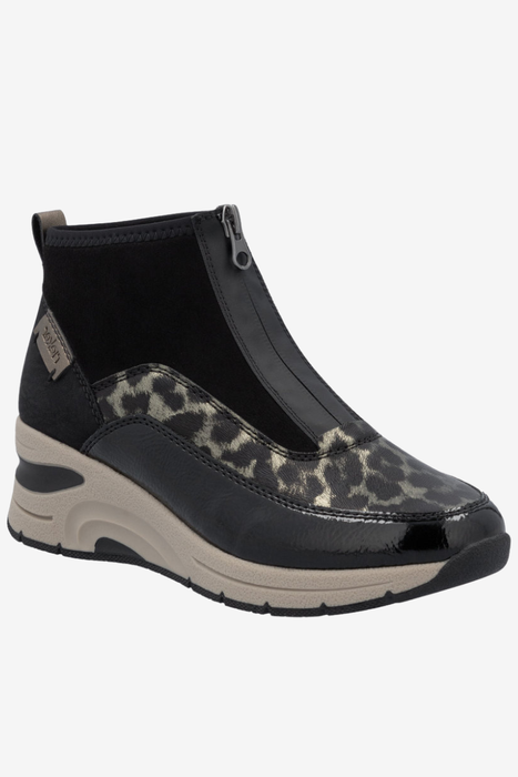 Czarne botki Leopard na koturnie Rieker