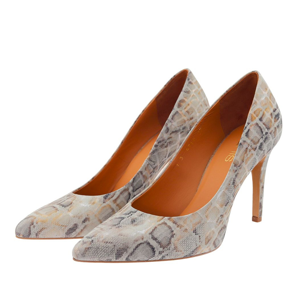 Сірі шкіряні туфлі на високих підборах із зображенням змії Аніс