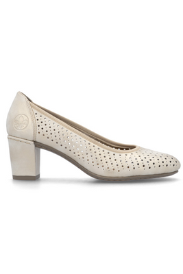 Czółenka beżowe perforowane na klocku Rieker