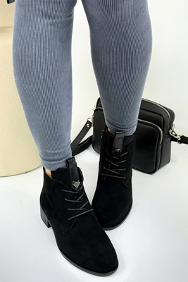 Botki damskie zamszowe ocieplane sznurowane z zamkiem czarne