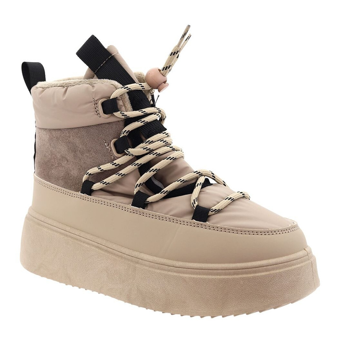Botki zimowe na grubej platformie sznurowane w kolorze beżowym