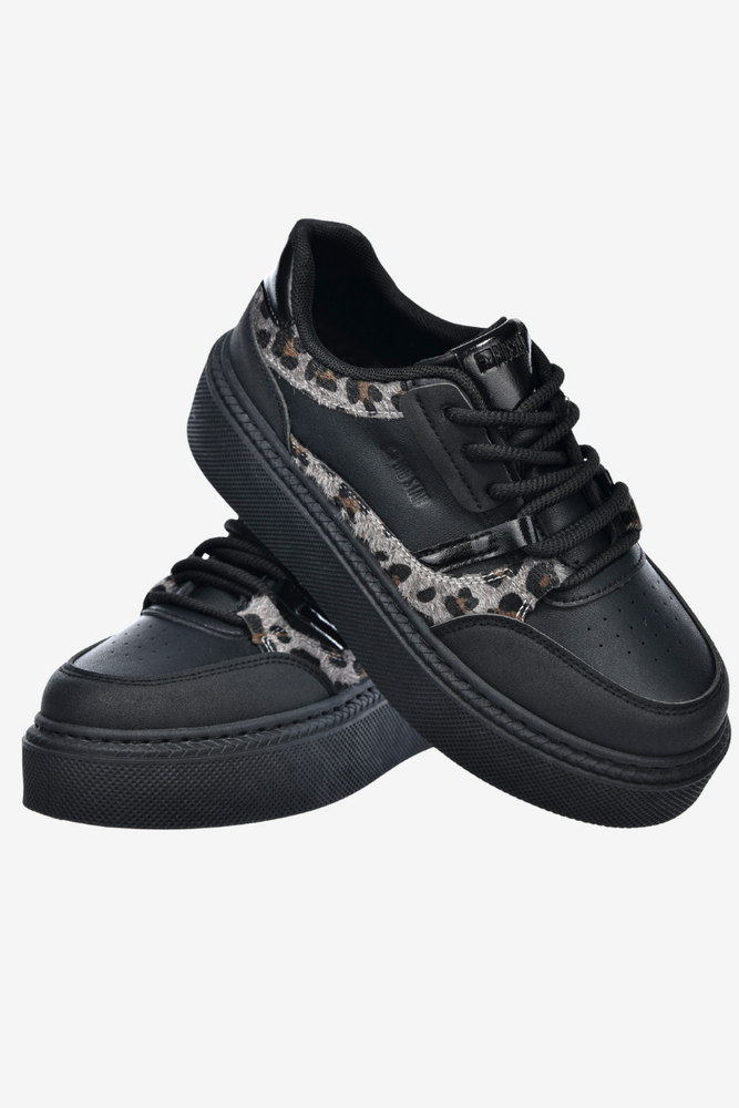 Czarne sneakersy na grubej platformie z ekoskóry z motywem panterki Big Star