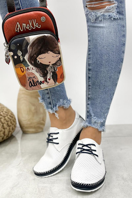 Półbuty skórzane perforowane biało granatowe sznurowane