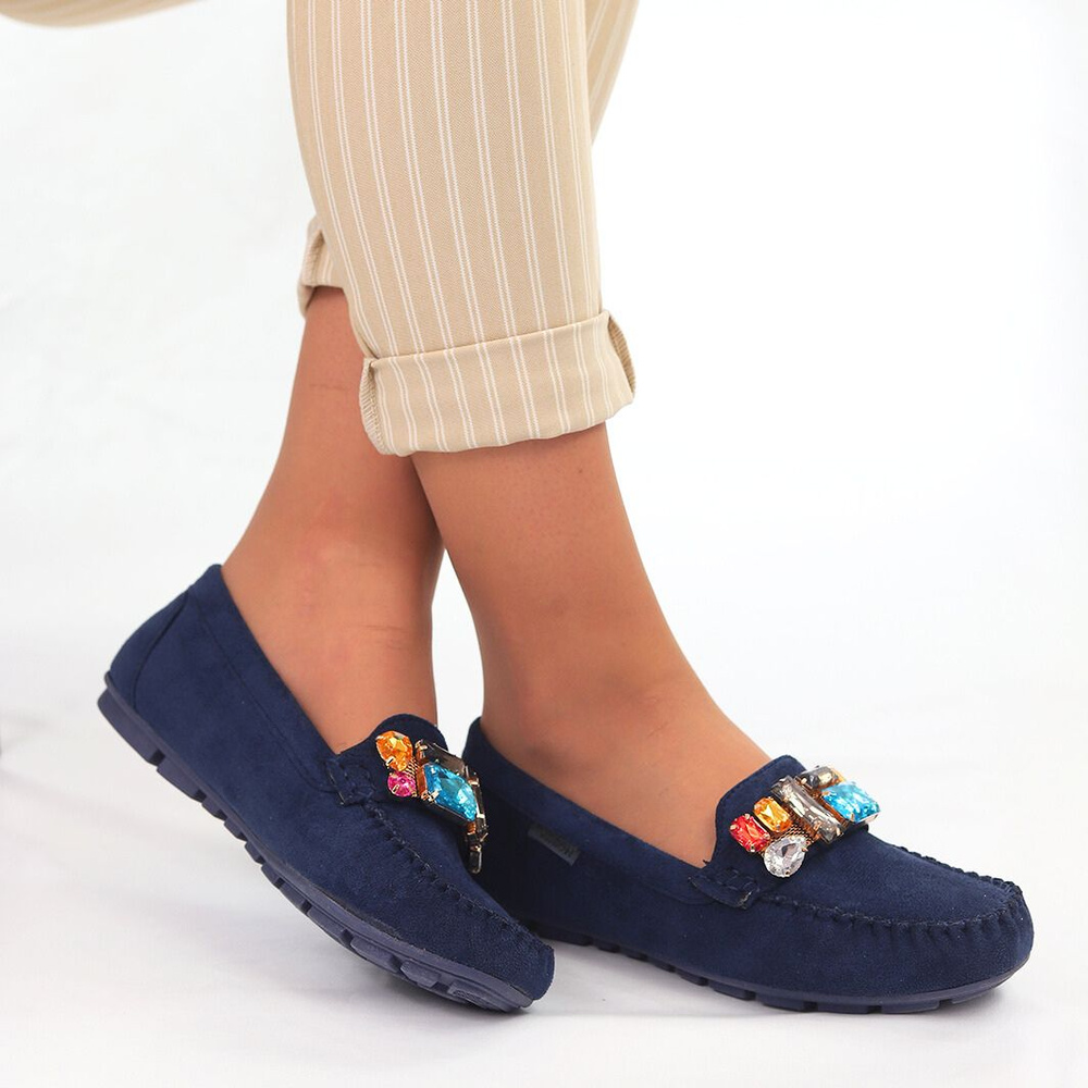 Mokasyny granatowe zamszowe z kryształami Vinceza