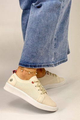 Beżowe półbuty sportowe perforowane sznurowane