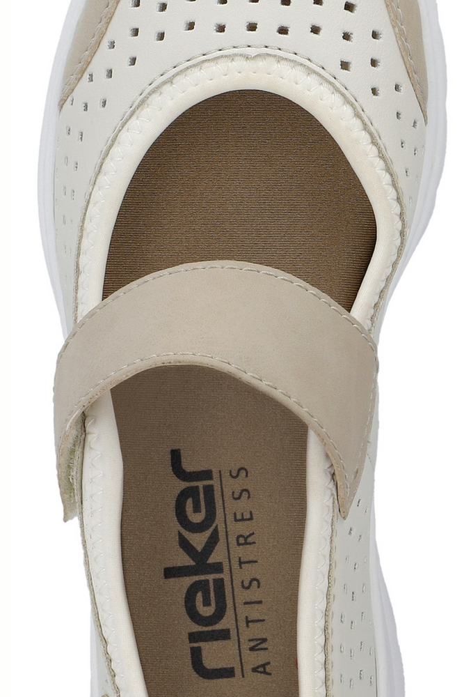 Półbuty damskie na rzep biało beżowe perforowane Rieker