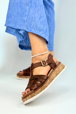 Brązowe sandały skórzane na platformie Rieker