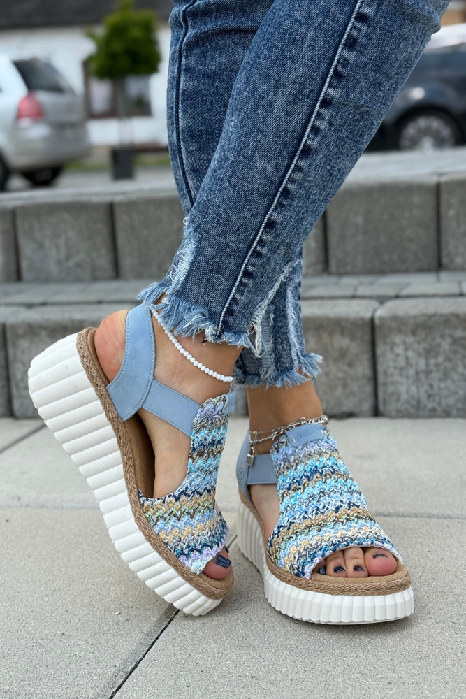 Сині босоніжки на танкетці з гумками Rieker