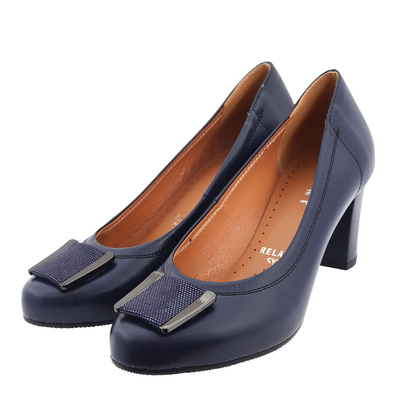 Темно-сині шкіряні човники на галантному каблуці