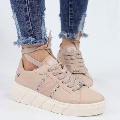 Sneakersy skórzane na platformie różowe Rieker