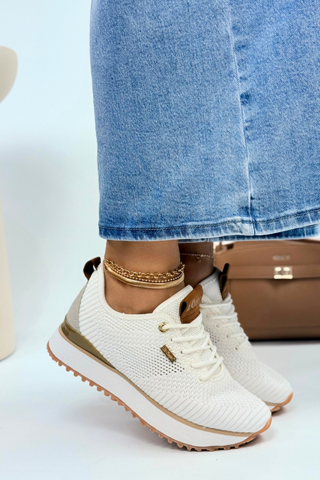 Білі тканинні кросівки зі шнурівкою на платформі