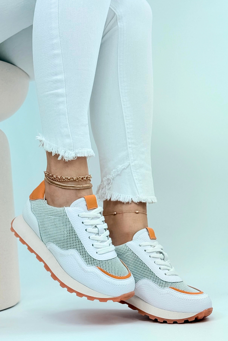 Sneakersy biało pomarańczowe skórzane z przewiewnym materiałem