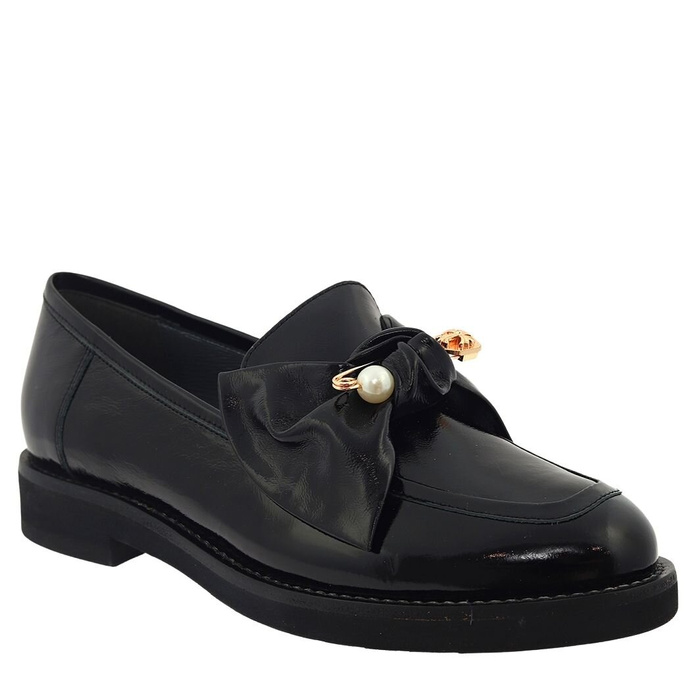 Mokasyny lakierowane czarne z kokardką Kordel