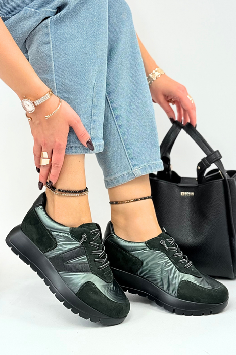 Sneakery damskie zielone ortalionowe z zamszem na platformie