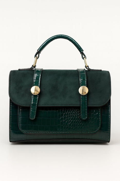 Torebka lakierowana z zamszem mała z klapą butelkowa zieleń