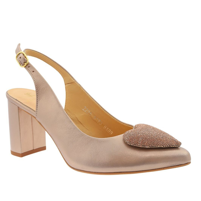 Złote czółenka skórzane z ozdobnym sercem na słupku