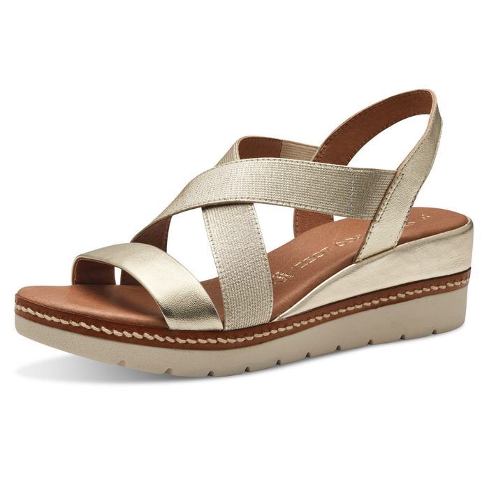 Sandały skórzane złote na koturnie Marco Tozzi 