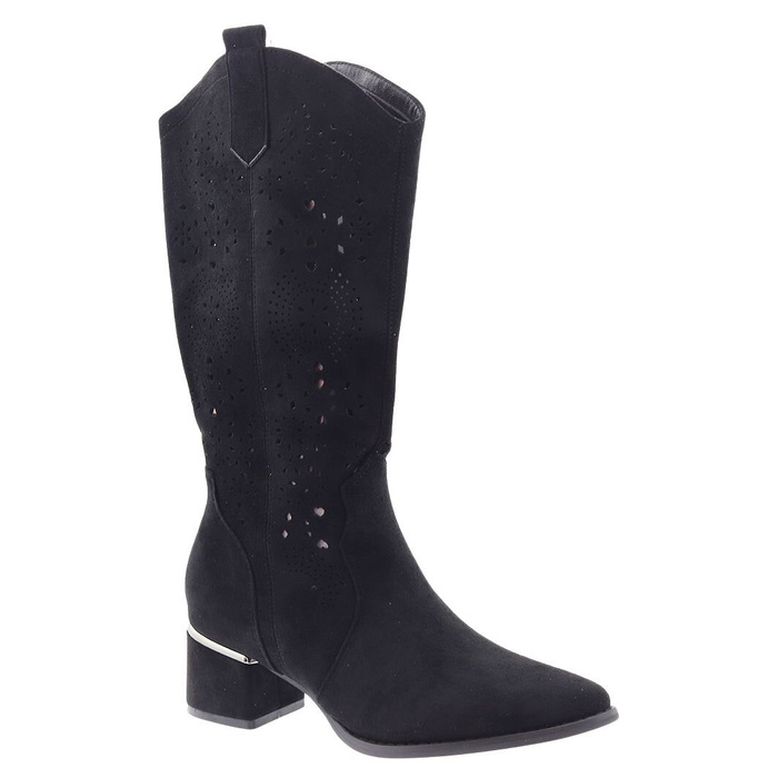 Kozaki czarne zamszowe ażurowe na klocku