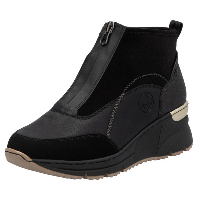 Botki czarne na koturnie z zamkiem z przodu Rieker