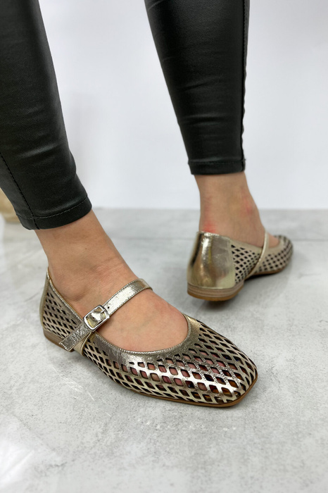 Piękne ażurowe baleriny skórzane w kolorze złotym Venezia