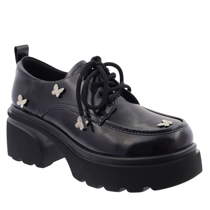 Półbuty czarne sznurowane na masywnej platformie i klocku 