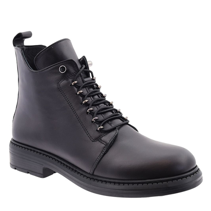 Czarne botki skórzane wiązane z zamkiem na płaskiej podeszwie