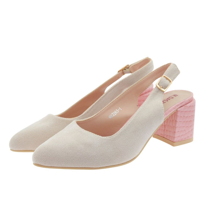 Beżowe zamszowe czółenka z odkrytą piętą na klocku