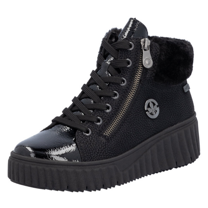 Botki czarne na koturnie z platformą sznurowane Rieker