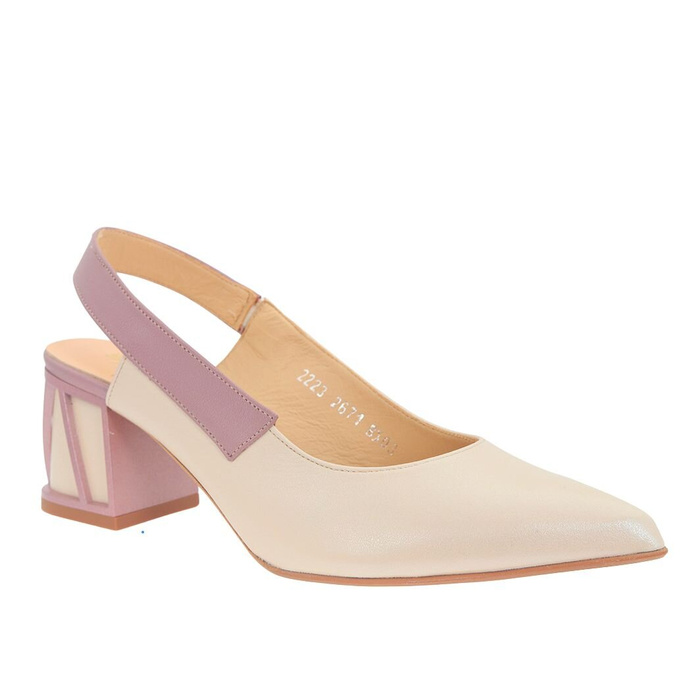 Czółenka skórzane ecru na ozdobnym klocku Kordel